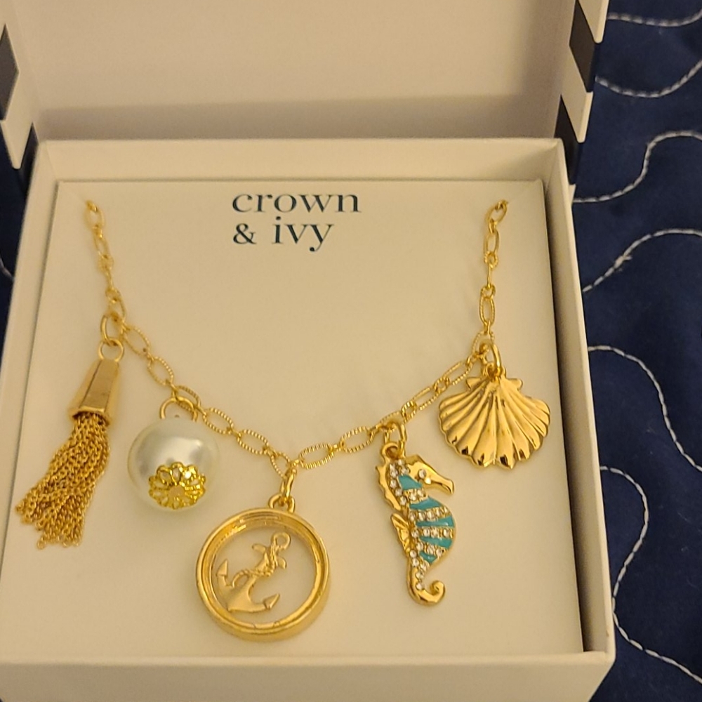 Crown & Ivy Gold Toned Seashore Charm Necklace- New In Box